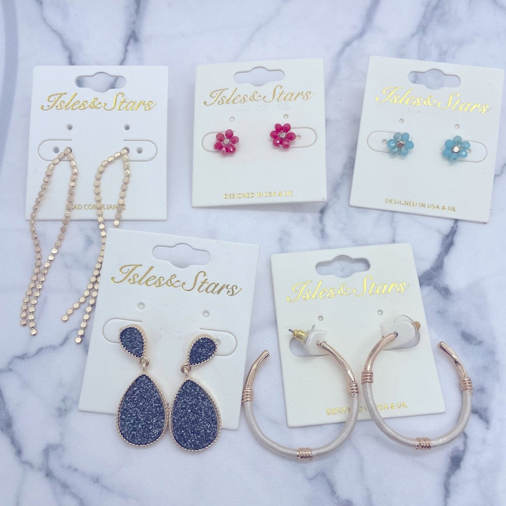 5 Pairs Isles & Stars NEW Earrings Dangle and Post Earrings Gold Tone Floral